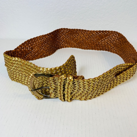 Fossil Leather Belt Metallic Gold Woven Braided Wide Womens Size M Twist Preppy - Picture 5 of 12
